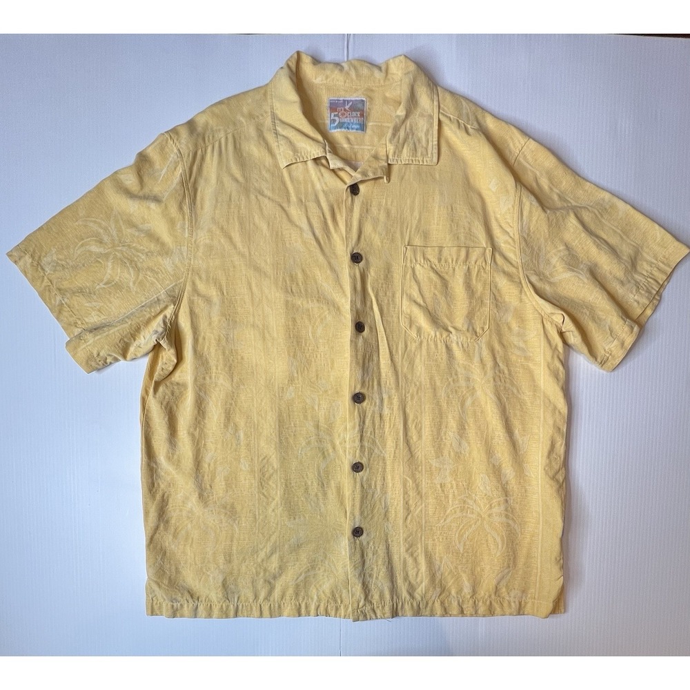 It's 5 O'Clock Somewhere 100% Silk Men's XL Button Up Shirt Short Sleeve Yellow